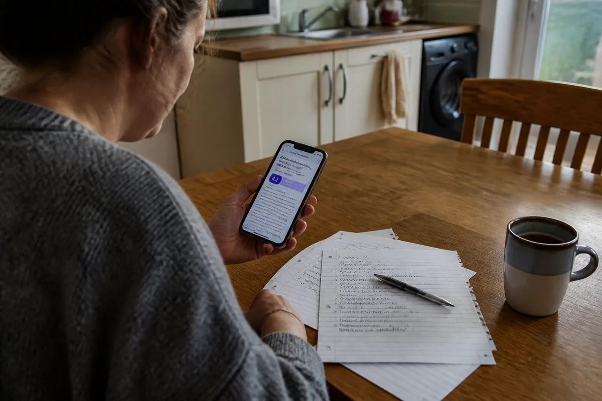 Personne comparant des avis de site de rencontre et les conditions d’abonnement sur un téléphone, à une table en lumière naturelle