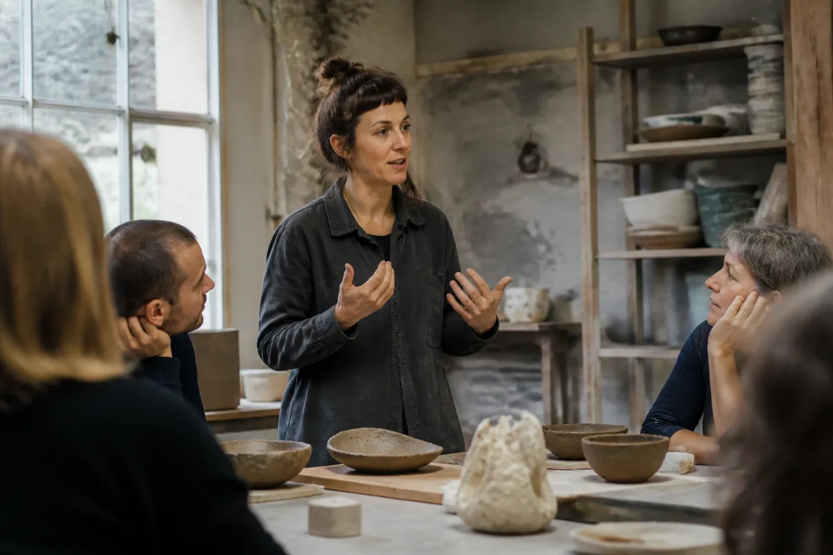 Adulte prenant la parole dans un atelier de poterie pour illustrer la confiance en soi dans une situation précise