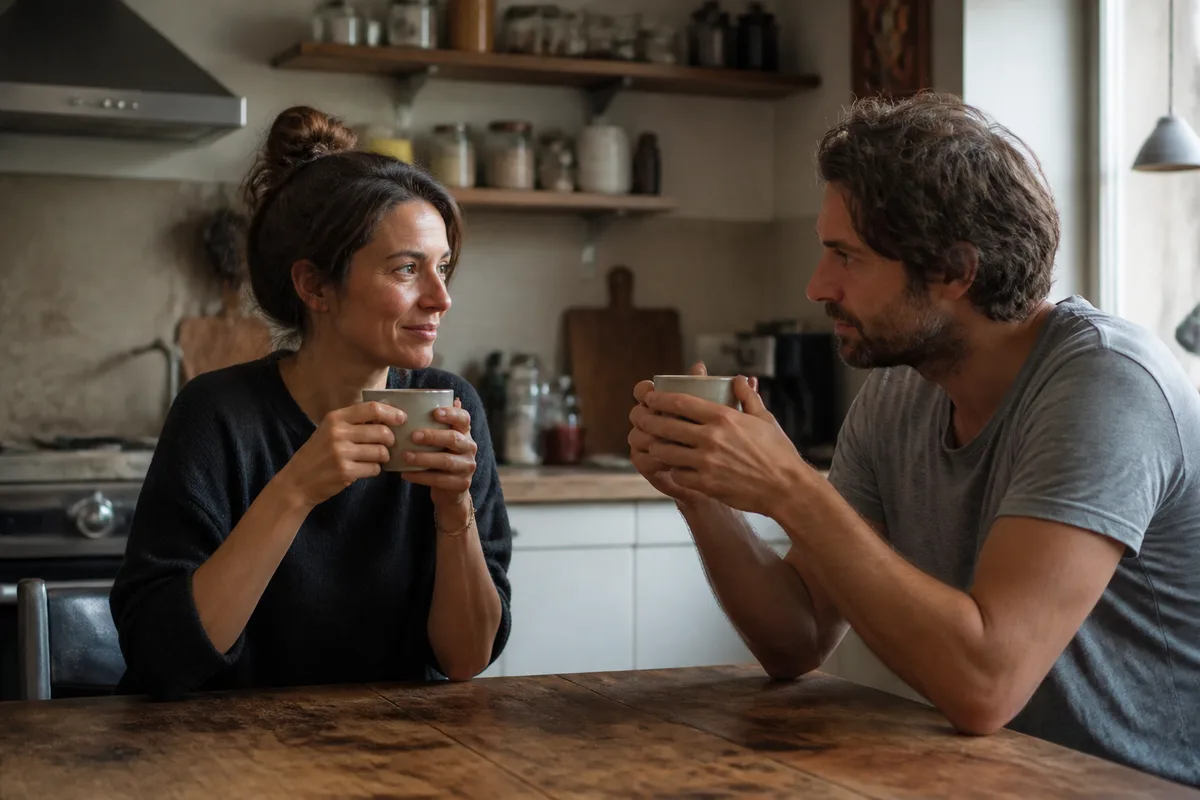 Couple partageant un moment calme à la maison autour d’une boisson chaude