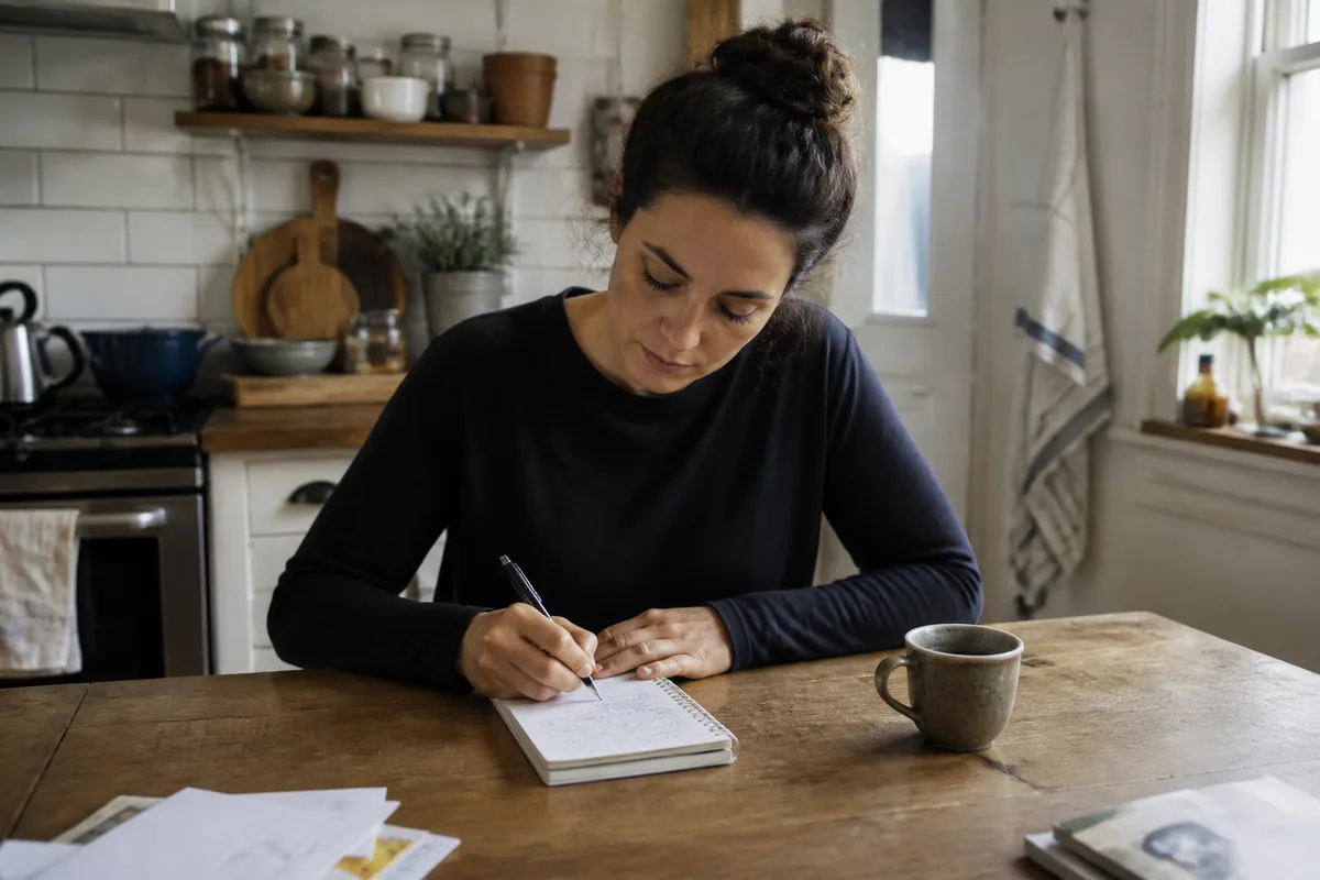 Personne écrivant une petite action réalisable dans un carnet à une table de cuisine