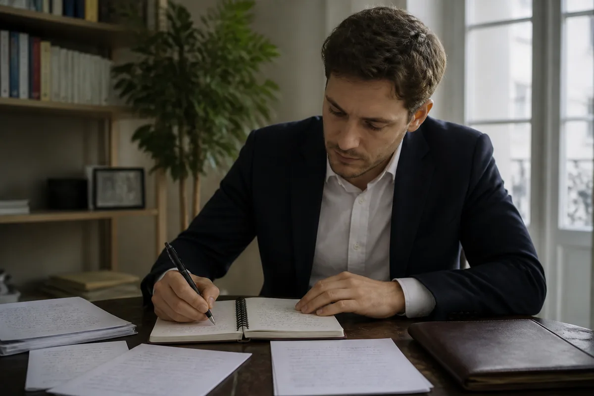 Candidat préparant un entretien d’embauche avec des notes manuscrites dans un bureau calme
