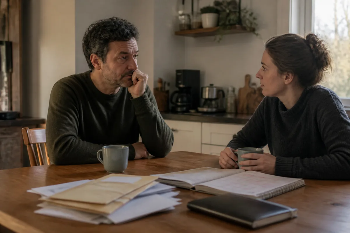 Couple assis à une table de cuisine avec courrier, agenda familial et deux tasses pendant une discussion difficile