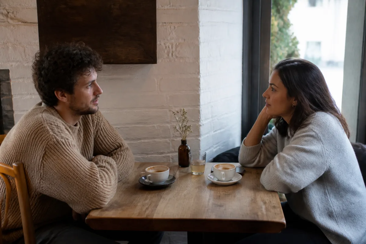 Deux personnes échangent calmement lors d’un troisième rendez-vous dans un café, avec une distance respectueuse