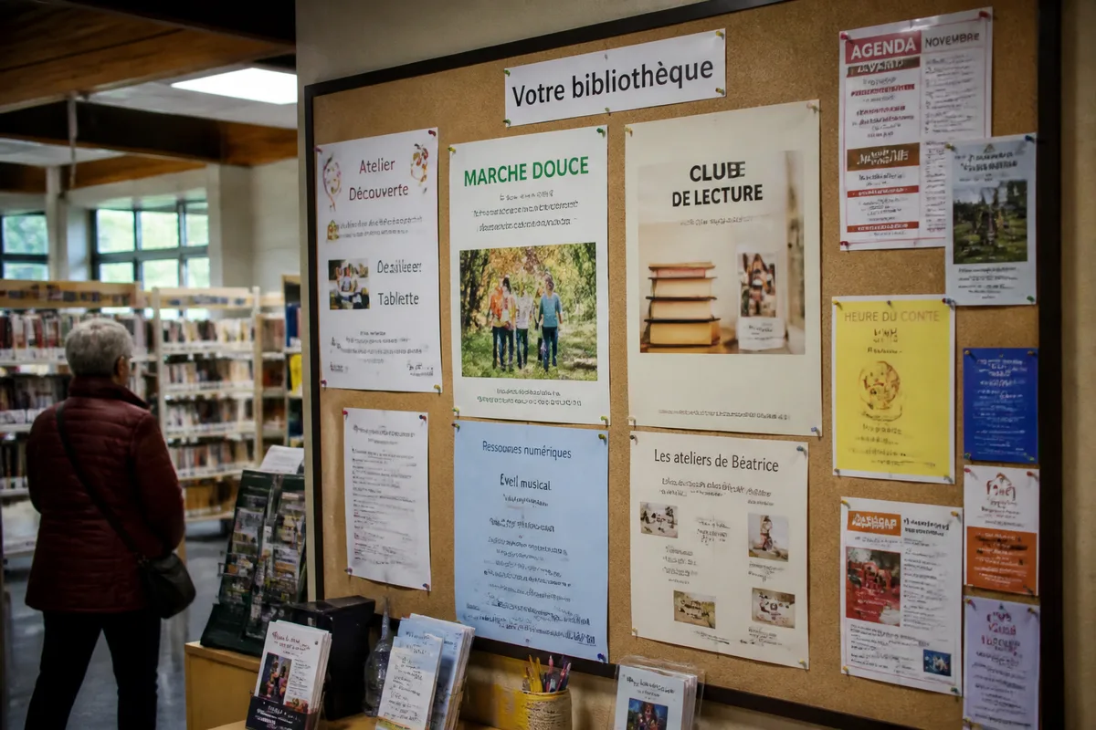Panneau d'affichage dans une bibliothèque présentant des activités locales pour seniors