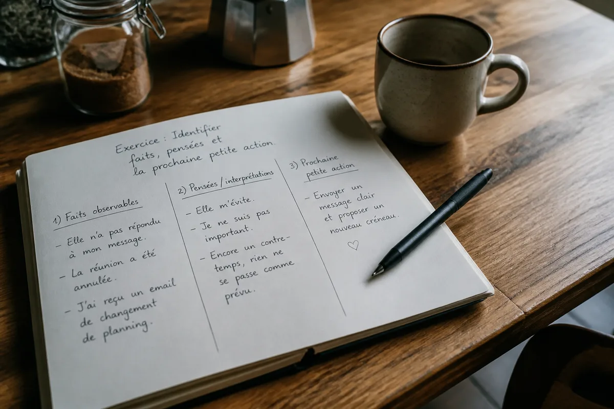 Carnet ouvert avec un exercice écrit pour renforcer la confiance en soi à une table lumineuse
