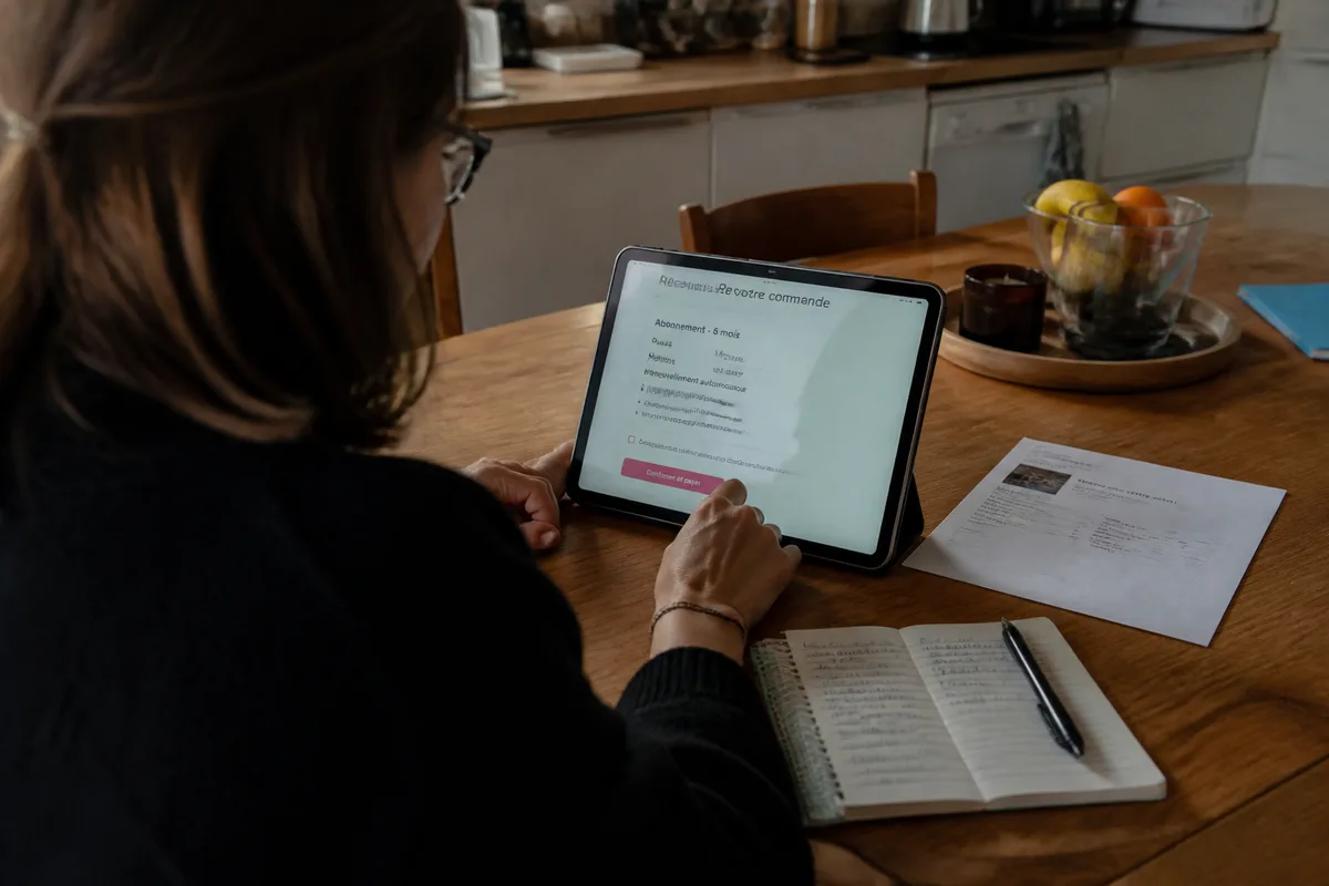 Personne consultant les conditions d’un abonnement de site de rencontre payant sur une tablette